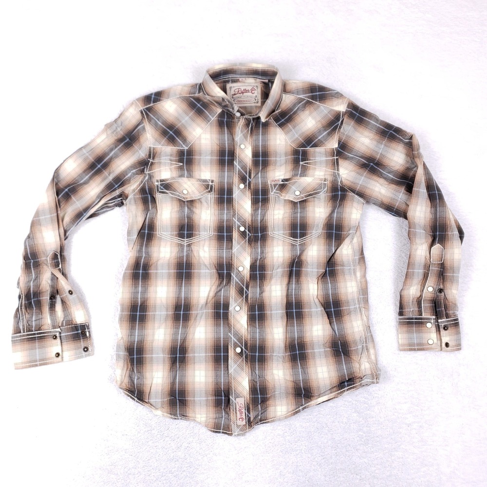 Rafter C Cowboy Collection Western Snap Shirt Mens Medium Plaid Brown Pearl Snap